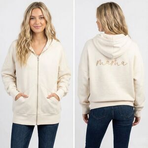 Le La Lo Mama Hoodie Medium NWT Cream Embroidered Full Zip Sweatshirt Minimalist